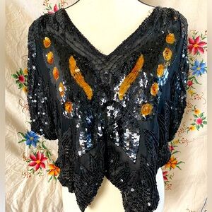 SOLD!! VINTAGE 70s 80s BLACK COPPER SEQUIN BUTTERFLY TOP